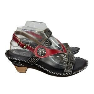 L’Artiste Spring Step Dreamer Black Red Artsy Boho Leather Sandals Sz 40 US 9